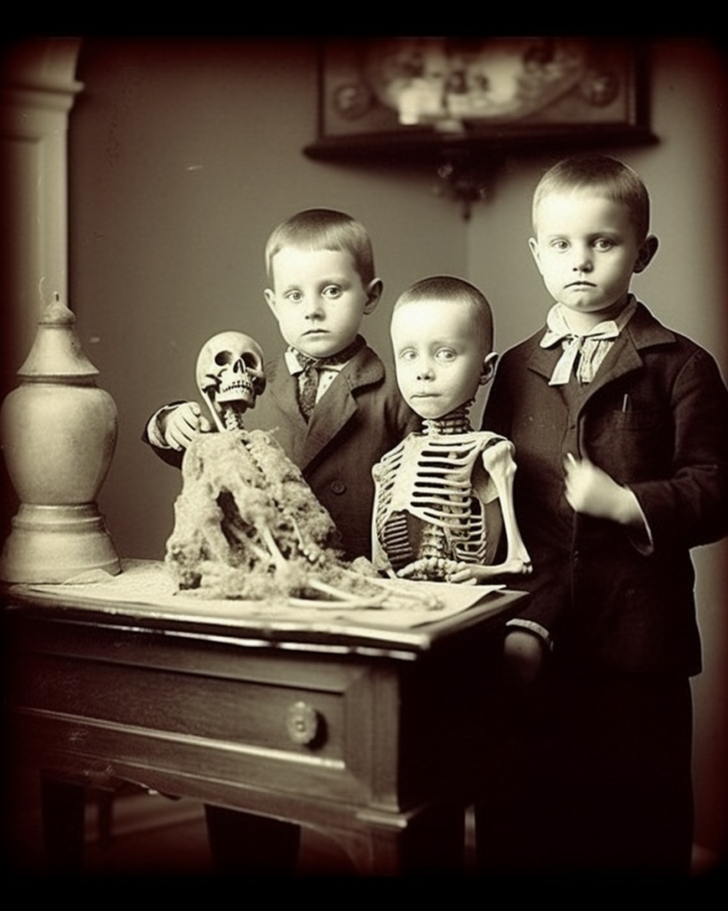 3 Kids, one of them a Skelleton Ghost holding a 4th skellleton. 1890s, AI generated picture