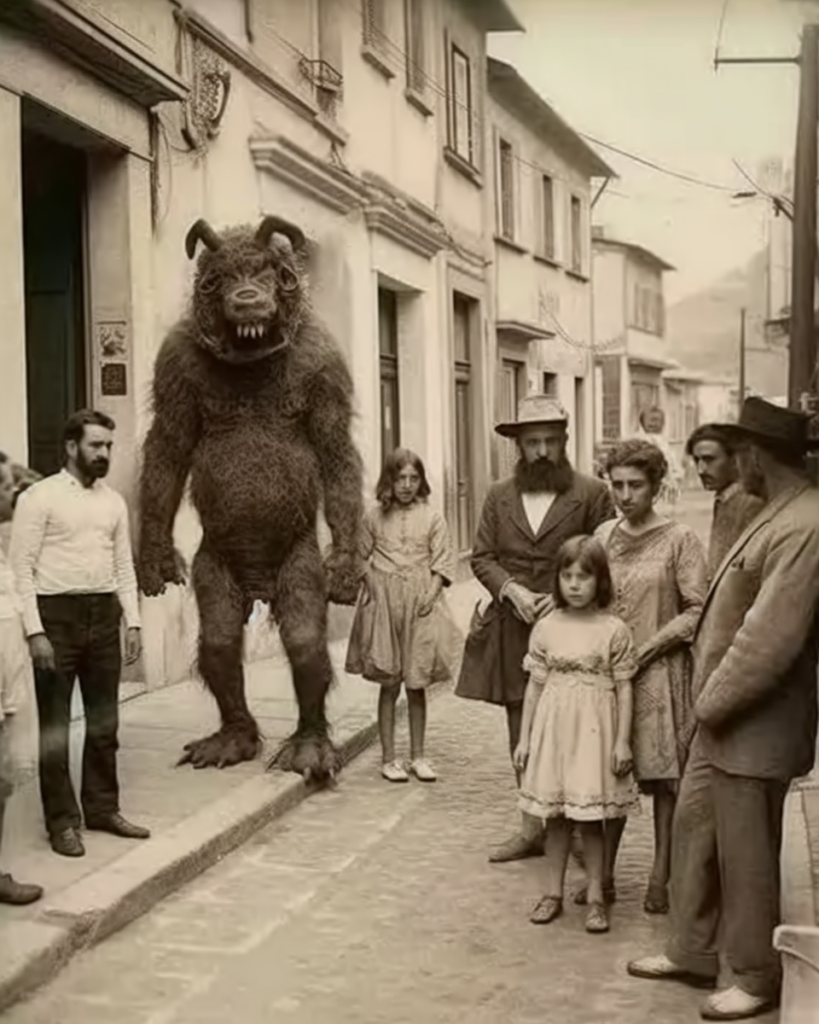 A Monster with people in 1890 - peaceful situation. 